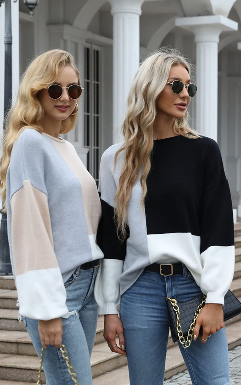 ECOWISH Women Sweater Long Sleeve Color Block Knit Pullover Sweaters Crew Neck Patchwork Casual Loose Jumper Tops Black Small - Image 5